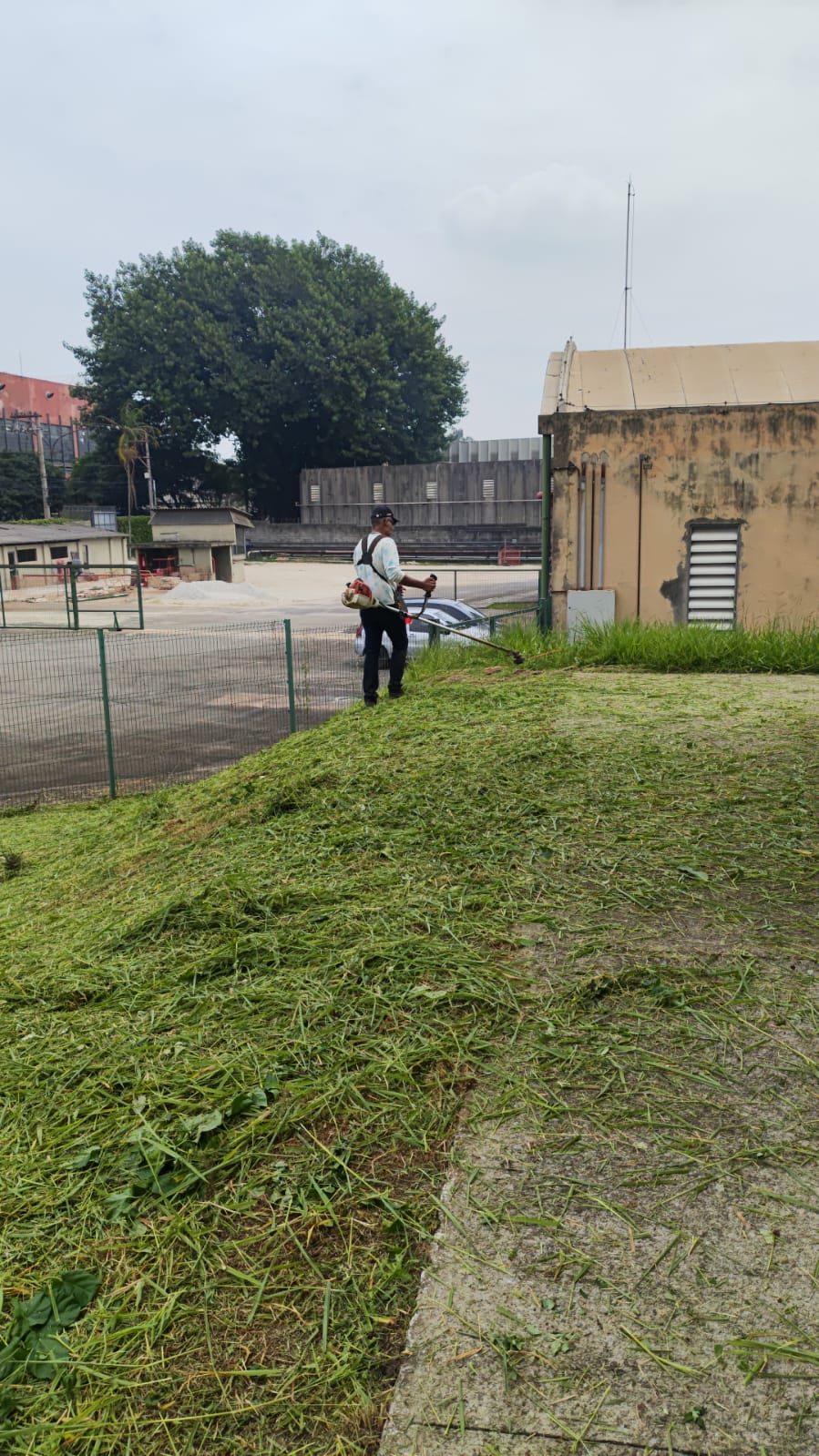 Operário JR com roçadeira costal profissional executando limpeza de terreno industrial